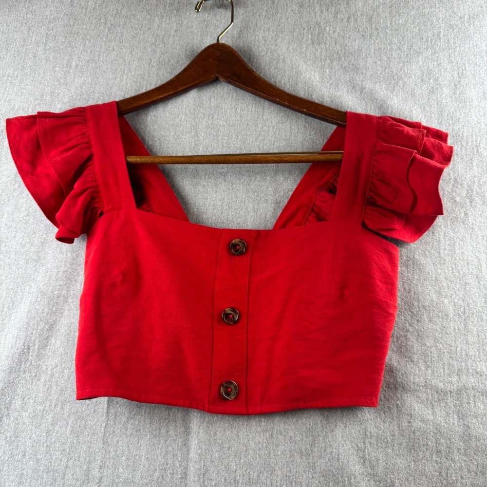 Olivaceous Crop Top Women's Medium Red Puff Sleeve Button Front Cottagecore